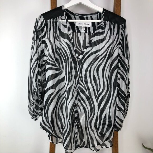 FIFTEEN Twenty black/white zebra silk blouse with leather Large - Picture 9 of 10
